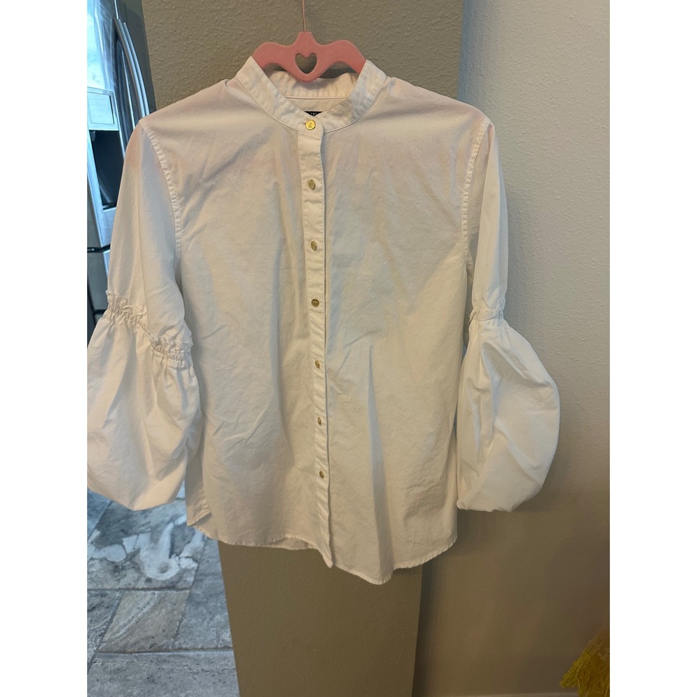 Lauren Ralph Lauren White Balloon Sleeve Blouse M Gold LRL btns Mandarin Collar